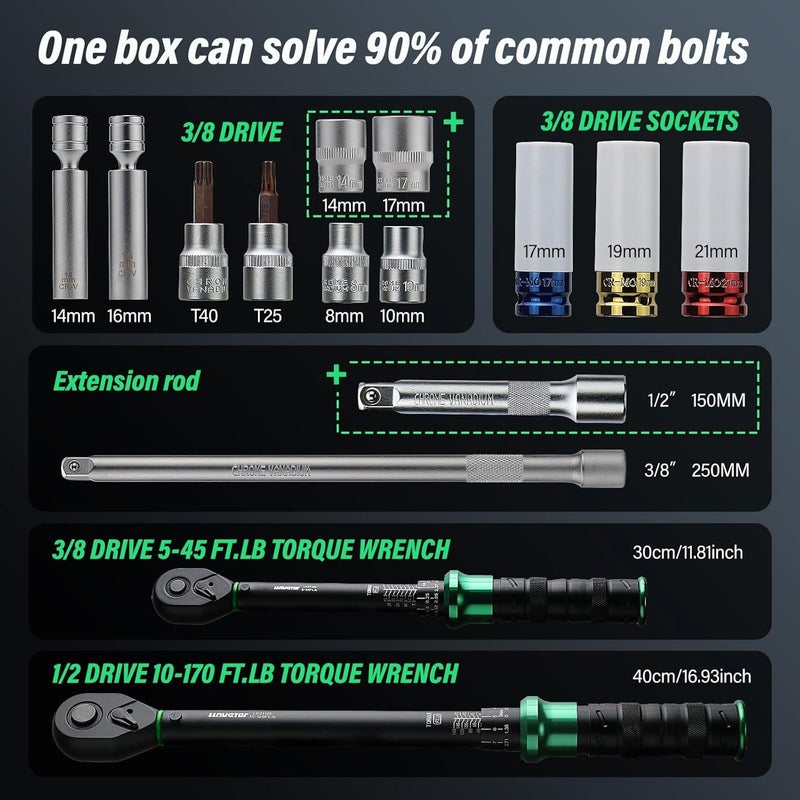 VETOR Torque Wrench Set 5-45ft lb(3/8),15-165Ft.lb, with 15PCS Hex Sockets, Spark Plug, Extensions for Automotive, Motorcycle, Industrial Maintenance - Image 2